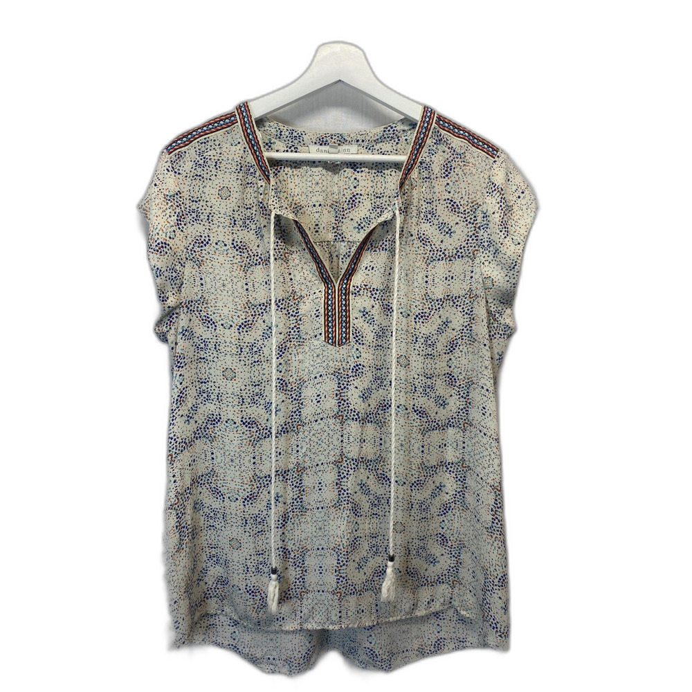 Danielrainn Blouse Women's Size L Beige Multicolor Tassel Short Sleeve Casual